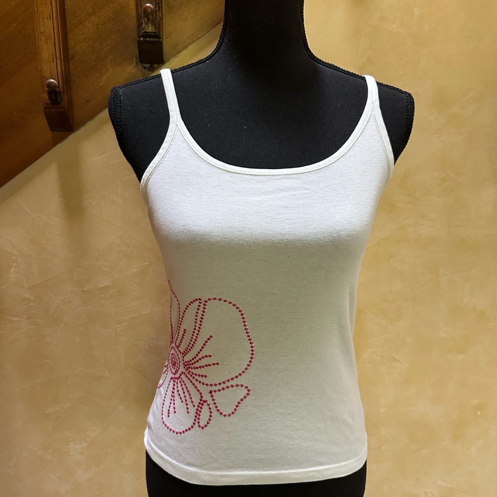 Moda International White Tank Top with Pink Floral Design